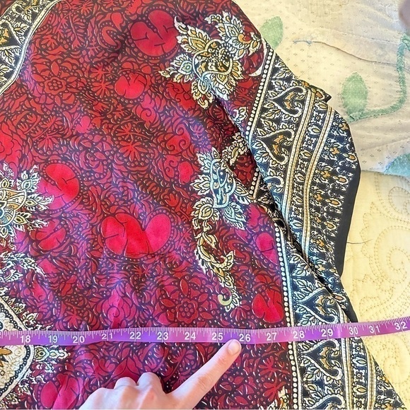 Bohemian poncho crimson beige gold exotic pattern swim cover up wrap OS - Picture 5 of 6